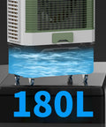 Portable Evaporative Cooler With Large Water Tank And Four Ice Packs showing 180L water reservoir and casters for easy mobility.