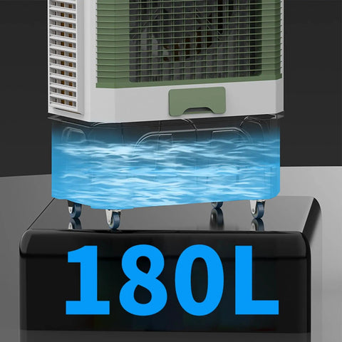 Portable Evaporative Cooler With Large Water Tank And Four Ice Packs showing 180L water reservoir and casters for easy mobility.