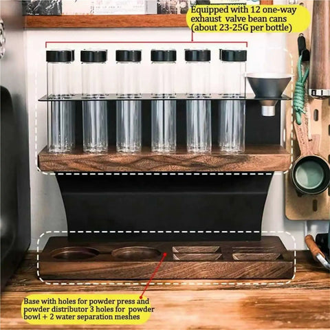 Top Shelf Daily Grind Coffee Bean Storage, 12 Airtight Polycarbonate Tubes on a two-tier display rack with measuring hopper.