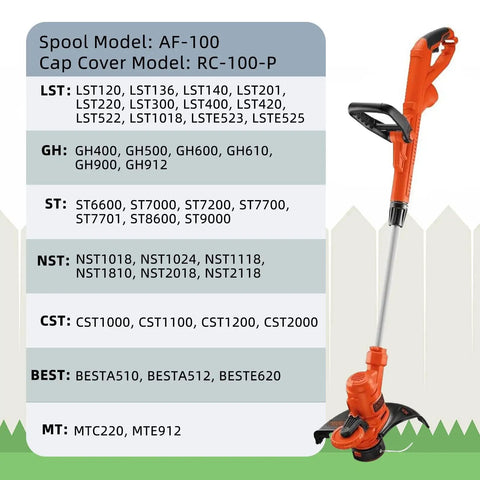 Red Black and Decker compatible weed eater with model compatibility chart for AF100 spool and RC-100-P cap cover.