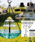 Solar Powered Hanging Bird Bath Fountain For Outdoors Large Blue Bird Bath With Wireless Pump Easy Install for Hummingbirds Gardens Patio And Backyard, showing various nozzles and spray patterns.