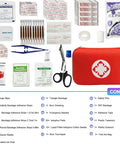 Front view of 275-piece car first aid kit in red EVA case with scissors and bandages