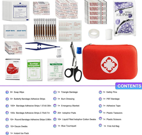 Front view of 275-piece car first aid kit in red EVA case with scissors and bandages