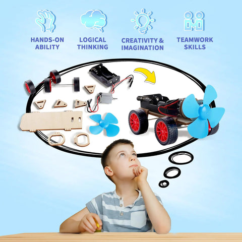 Child contemplating Four In One Solar Power And Engineering STEM Kit With Solar Car, parts scattered above.