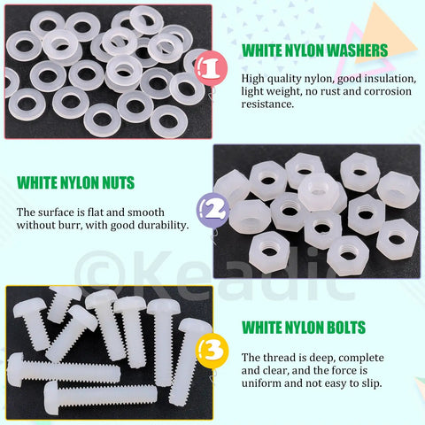M4 White Nylon Pan Head Screw Kit Featuring 360 Pieces Of Robust Hex Nuts And Flat Washers For Tough DIY Fixups And Home Maintenance, showing white nylon washers, nuts, and bolts.