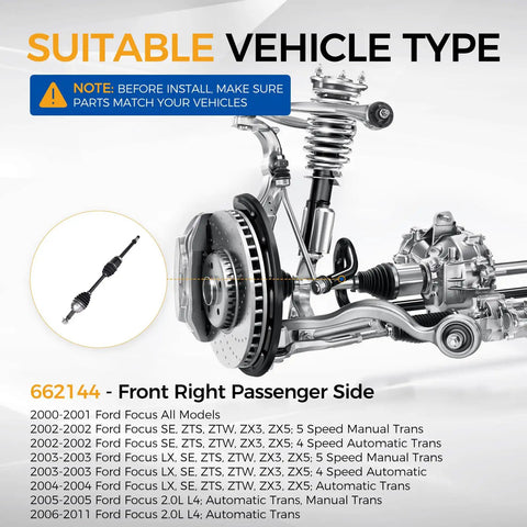 Diagram showcasing Ford Focus Front Right CV Axle Assembly 2000 To 2011 Passenger Side Drive Shaft Replacement 662144