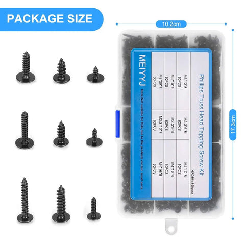 Top Shelf 540 Piece Phillips Truss Head Self Tapping Screw Assortment Kit With Washers Black carbon steel screws in clear box