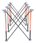 Heavy Duty Folding Workbench 800kg Load Capacity with telescoping legs and manganese steel frame, folded view.