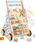 Hella Sturdy Wooden Baby Walker With Ten Interactive Montessori Activities Bead Maze Xylophone And Mirror Completely Legit Push Cart for toddlers, featuring colorful beads and activities.