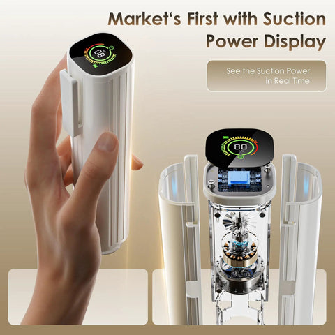 Boss Level Handheld Vacuum Sealer with LED pressure display showing 80 kPa suction, detailed inner mechanism view.