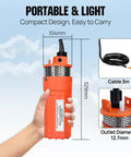 Hand holding 12V DC Submersible Well Water Pump With 10ft Cable, 1.6 GPM Flow, 100ft Max Lift, 96W Deep Well Pump For Irrigation