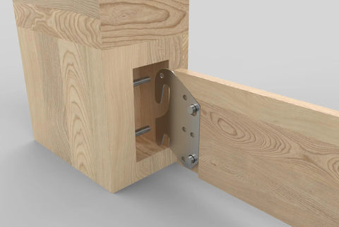 Universal Wood Bed Rail Hook Plates featuring snug 7 hole grip, 3.8x2.3 inch metal connector on a wood bed frame.