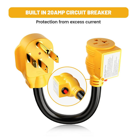 Heavy Duty Nema 14 50P To Nema 6 20R Ev Charging Adapter For Tesla Vehicles With Integrated Surge Protector Breaker view showing 20A circuit breaker.