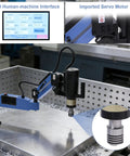 Heavy Duty Electric Servo Tapping Machine Up To M24 With Kickass Torque Protection And Slick 360 Degree Universal Arm Including Eight Ansi Collets For Straight Up Fast Thread Cutting At 110V displayed with controls and motor.