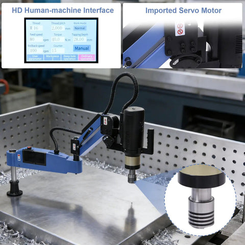 Heavy Duty Electric Servo Tapping Machine Up To M24 With Kickass Torque Protection And Slick 360 Degree Universal Arm Including Eight Ansi Collets For Straight Up Fast Thread Cutting At 110V displayed with controls and motor.