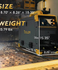 Side view of Do It All Six In One Welder For MIG TIG Stick Flux Core Spool Gun And Plasma Cutter, labeled size and weight.
