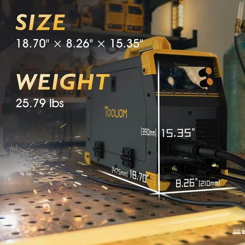 Side view of Do It All Six In One Welder For MIG TIG Stick Flux Core Spool Gun And Plasma Cutter, labeled size and weight.