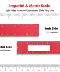 3 Piece Woodworking Straightedge Ruler Set With Sliding Stop Blocks Dead On Accuracy Laser Etched Inch And Metric Scales showing inch and metric side details.