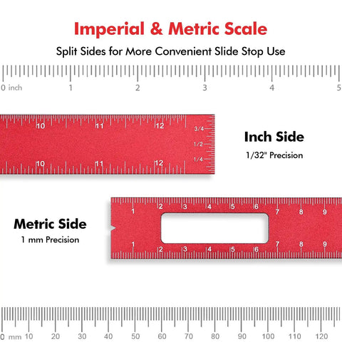 3 Piece Woodworking Straightedge Ruler Set With Sliding Stop Blocks Dead On Accuracy Laser Etched Inch And Metric Scales showing inch and metric side details.