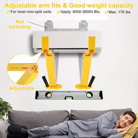 Heavy Duty Mini Split Wall Mount Bracket With Built In Level and adjustable arms shown on wall above man on couch