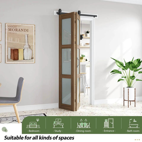 Double 18x84 Frosted Glass Bifold Barn Door Set With Hardware Kit Included, 36x84 brown sliding door installed in living space