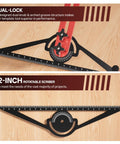 Built Tough Adjustable Aluminum Stair Tread Template Tool And Precision Angle Length Measuring Jig shows dual-lock feature and 12-inch rotatable scriber.