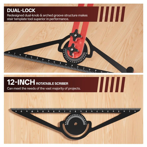 Built Tough Adjustable Aluminum Stair Tread Template Tool And Precision Angle Length Measuring Jig shows dual-lock feature and 12-inch rotatable scriber.