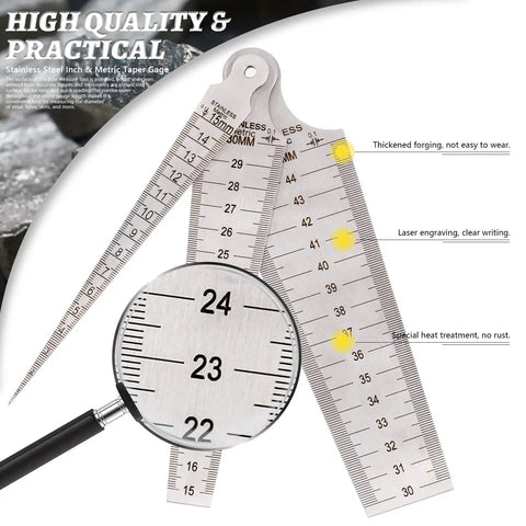 Three Piece Inch And Metric Taper Gauge Set For Welding And Bore Sizing In Stainless Steel With Imperial And Metric Scales