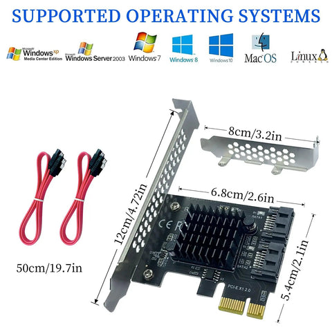 PCIe X1 To SATA 3.0 Expansion Card, 2 Port High Speed Controller, Hot Swappable, Supports 2.5 And 3.5 Inch SSD Or HDD, Works With Windows Mac Linux And Beyond, shown with low-profile bracket and SATA cables