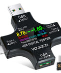USB C Power Meter And Voltage Current Tester 2 In 1 Digital Multimeter displaying voltage and current readings on screen.