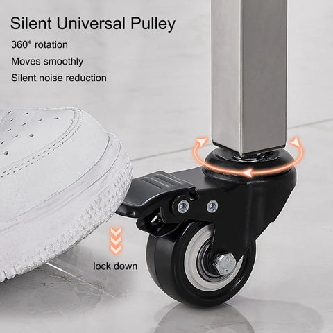 Mop And Broom Holder With Wheels For A Grab And Go Cleaning Cart showing 360-degree swivel wheel and lock mechanism