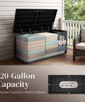 Huge 120 Gallon Resin Deck Box Weatherproof Outdoor Storage Bench showing interior space filled with cushions on patio.