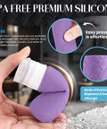 Close-up of purple silicone bottle from Must Have Carry On Friendly Travel Bottles For Toiletries Set TSA Approved Leak Proof Refillable.