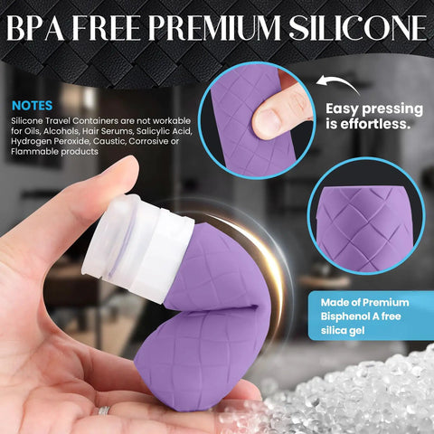 Close-up of purple silicone bottle from Must Have Carry On Friendly Travel Bottles For Toiletries Set TSA Approved Leak Proof Refillable.
