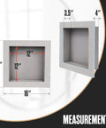Tile Ready Shower Niche Insert In Wall Shelf 12x12 Inch with measurements and depth dimensions for recessed bathroom storage.