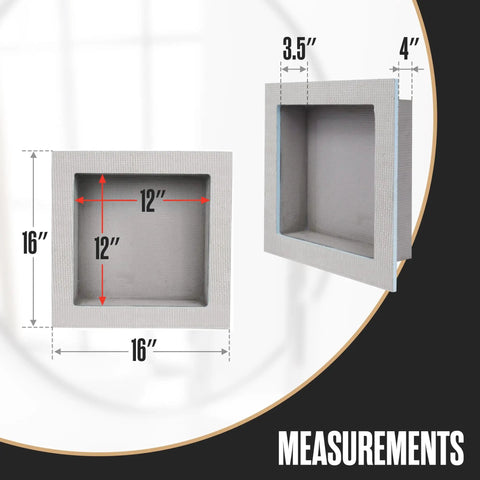 Tile Ready Shower Niche Insert In Wall Shelf 12x12 Inch with measurements and depth dimensions for recessed bathroom storage.