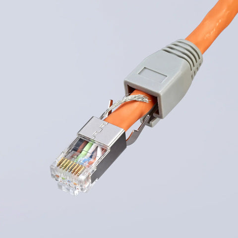 Close-up of RJ45 Western Plug Crimping Pliers, 7 And A Half Inch, 8P8C Pro Grade Network Tool with orange cable and connector