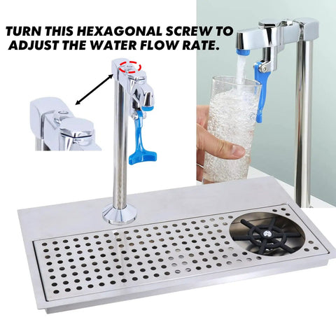 Recessed Countertop Pitcher Rinser Built From Heavy Duty 304 Stainless Steel With A High Pressure Multi Angle Spray Head And Integrated Drain Pan Fast Hookup For Home Bars Cafes Slick Cleanup Essentials showing faucet and drainage.
