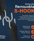 Stainless steel removable S-hooks for heavy-duty rubber bungee cords with hooks, 24 inch adjustable, 50 pack, outdoor flatbed tarp straps.