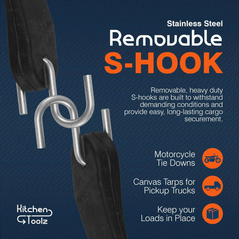 Stainless steel removable S-hooks on heavy duty rubber bungee cords for outdoor cargo security, black rubber with silver hooks
