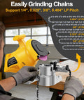 Cordless Electric Chainsaw Chain Sharpener High Speed 5800 RPM Bench Mounted in use sharpening chains on a workbench.