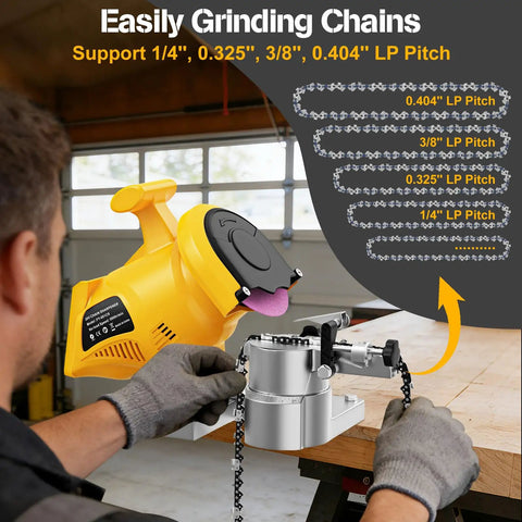 Cordless Electric Chainsaw Chain Sharpener High Speed 5800 RPM Bench Mounted in use sharpening chains on a workbench.