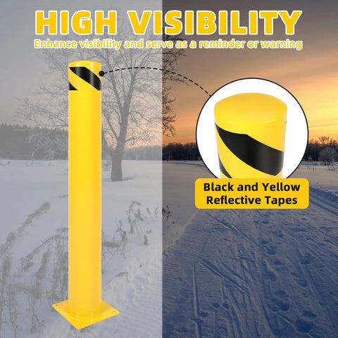 Two Beefy 42 Inch Steel Safety Bollards Rock Solid Parking Barrier Posts Powder Coated Finish with black and yellow reflective tape