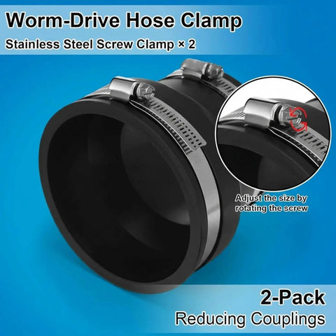 2 Pack Flexible PVC Reducing Pipe Couplings 6 Inch To 4 Inch With Stainless Steel Clamps For DWV Pipes Universal Fit Fits Cast Iron Plastic Copper Steel DIY Friendly No Sweat Install, worm-drive hose clamp detail