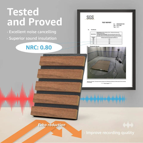 Premium Fluted Acoustic Wood Slat Wall Panels 2 Pack In Clean Walnut Tone Measuring 47.2 By 23.6 Inches positioned next to test report.