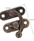 Close-up of Vintage Swing Arm Latch Set In Antique Brass with horn lock, dimensions shown, for jewelry boxes and cabinets.
