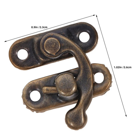 Close-up of Vintage Swing Arm Latch Set In Antique Brass with horn lock, dimensions shown, for jewelry boxes and cabinets.