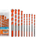 Masonry drill bit set, 10-piece, orange-coated carbide tips, in clear storage case, Cortool brand
