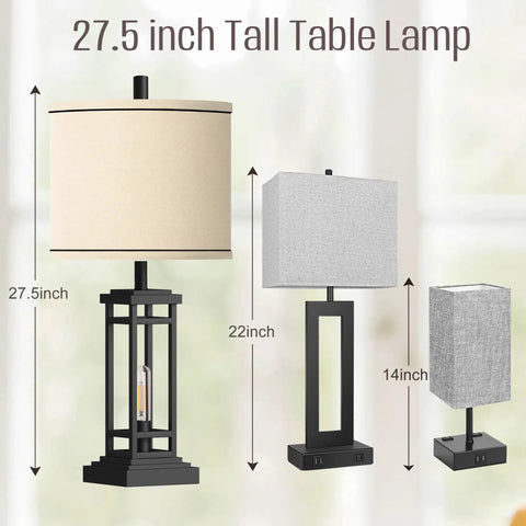 Set Of 2 Dope Farmhouse Table Lamps With USB Ports And Charge Jacks, 27.5 Inch Tall Beside Lights, Beige Metal Base, Different Sizes