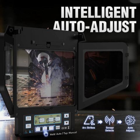 Auto Darkening Welding Helmet With 180 Degree Panoramic View True Color Lens Internal Digital Display open showing controls